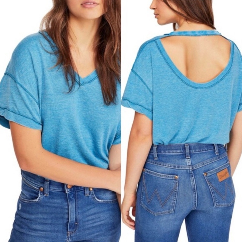 Free People We The Free Tee Shirt Blue V-Neck Scoop Back Extra Small Womens